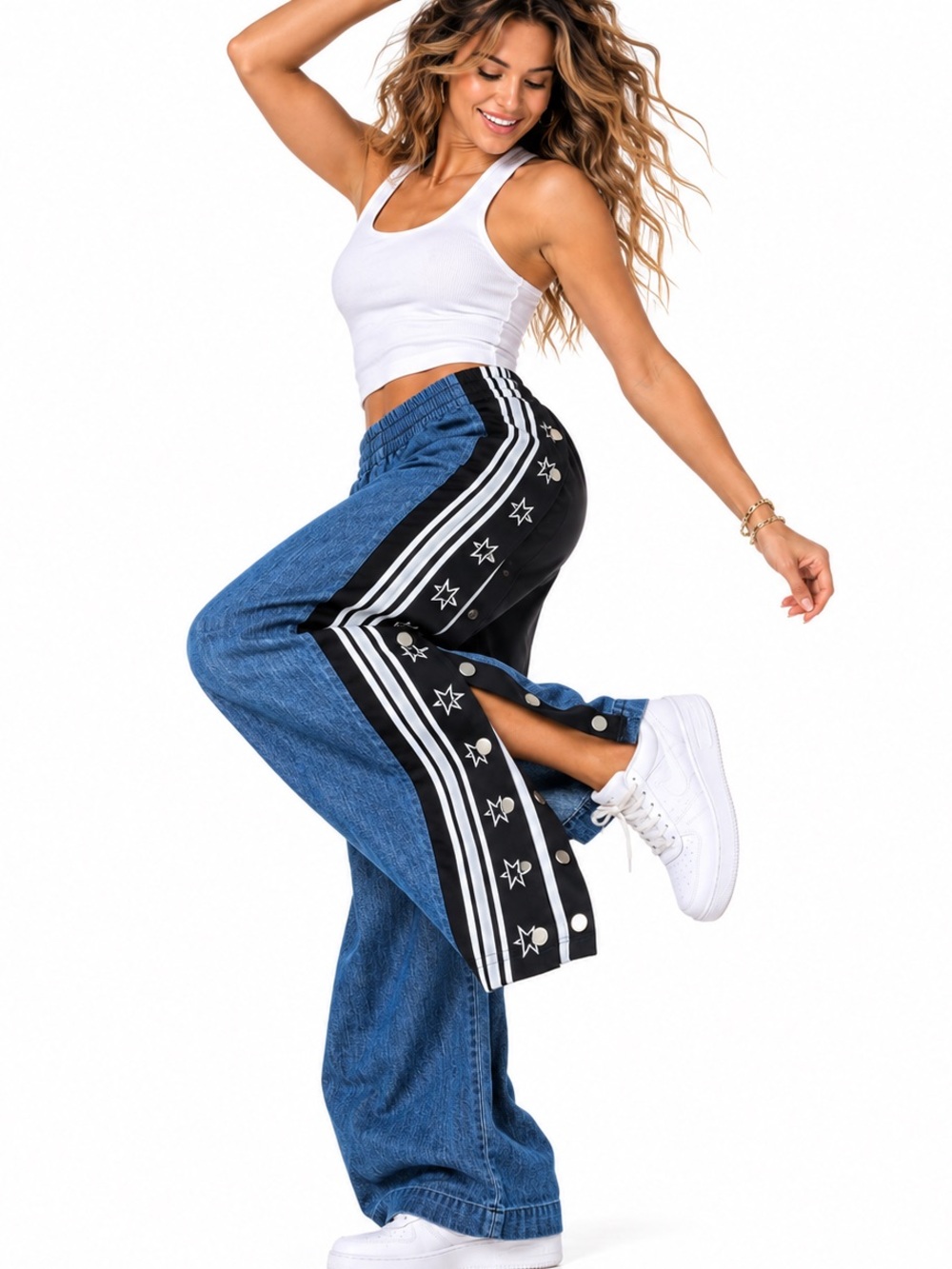 Zumba ZW Wide Leg Side Snap Pants Denim Look Black Satin Stars XS NWT